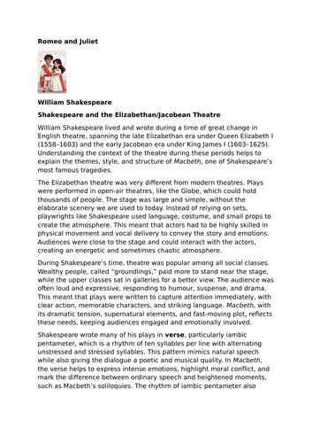 Romeo and Juliet – William Shakespeare - Shakespeare and the Elizabethan/Jacobean Theatre