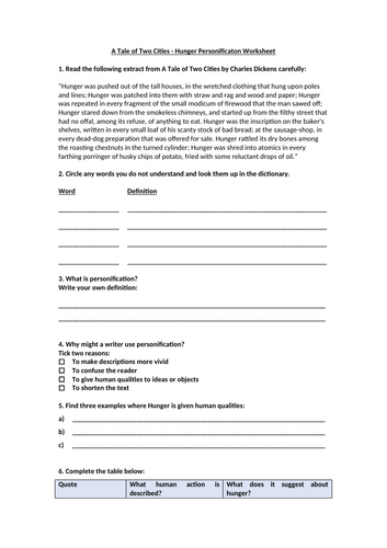 Personification Worksheet - A Tale of Two Cities
