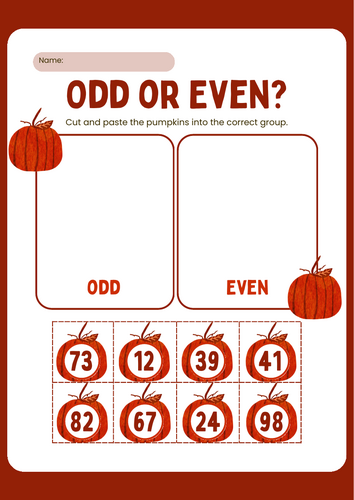 Odd or Even Pumpkin Cut & Sort Worksheets - Aumtum theme (Numbers Within 100)