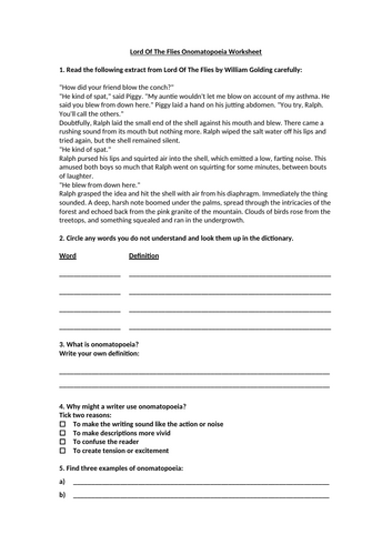 Onomatopoeia Worksheet - Lord Of The Flies