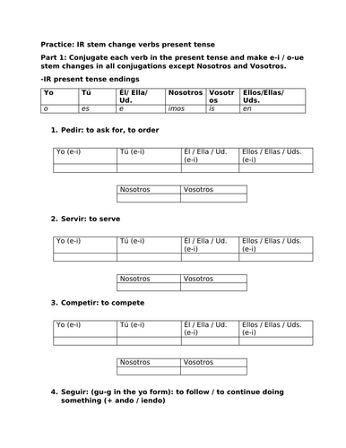Ir stem change present tense worksheet