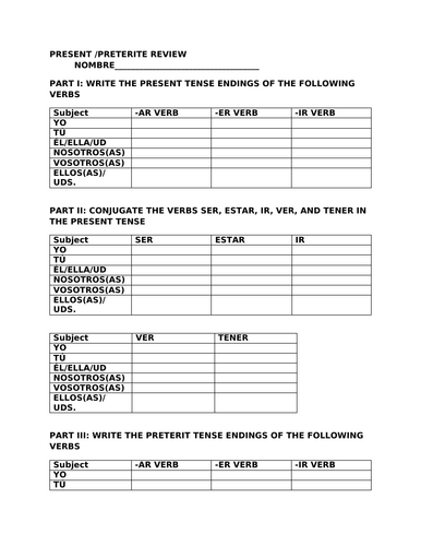 Present and preterit tenses review packet (Spanish)