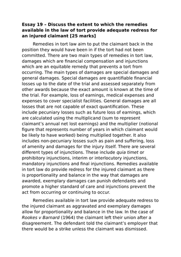A-Level Law: 2020 Tort Remedies Evaluation - Eduqas Tort Law