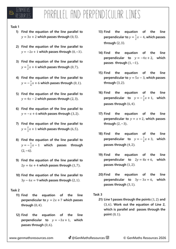 Parallel and Perpendicular Lines - Maths GCSE Higher Worksheet