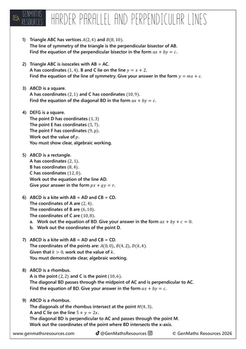 Harder Parallel and Perpendicular Lines - Maths Higher GCSE Worksheet
