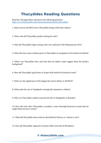 Thucydides Reading Comprehension Worksheet