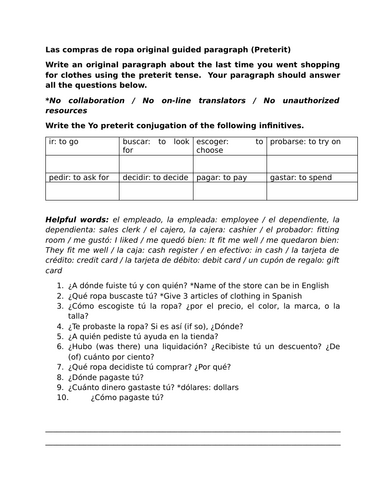 Las compras de ropa original guided paragraph (Preterit)
