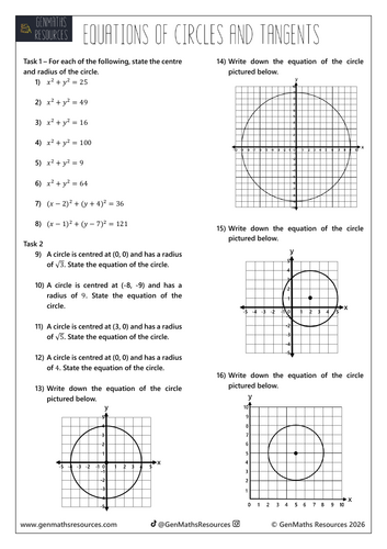 Equations of Circles and Tangents - Maths GCSE Higher Worksheet