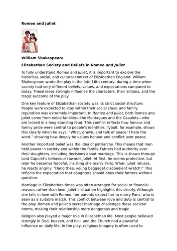 Romeo and Juliet – William Shakespeare – Elizabethan Society and Beliefs