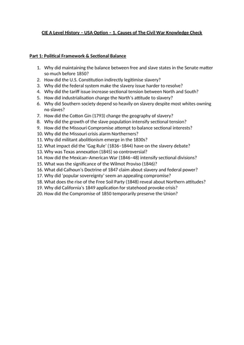 US History Knowledge 1820-1941 Quiz - Cambridge International CIE A Level & AS History Paper 1&2