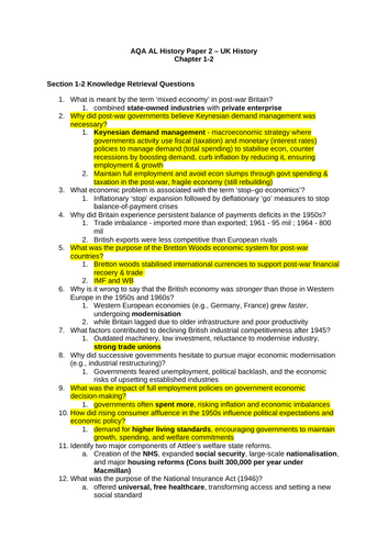 Making of Modern Britain (1951–2007) Retrieval Questions - AQA A Level History Paper 2