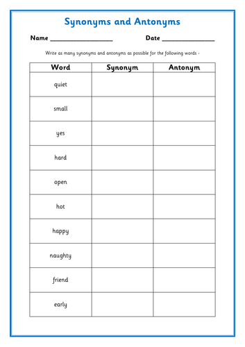 Synonyms and antonyms worksheets