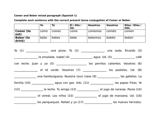 Comer and Beber mixed paragraph (Spanish 1)