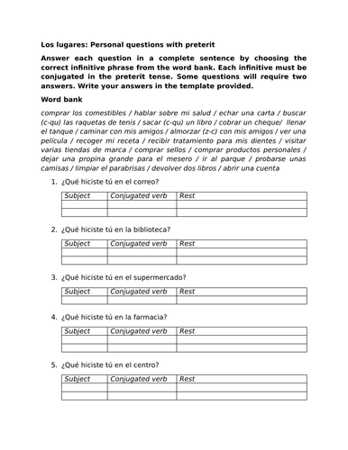 Los lugares: Personal questions with preterit