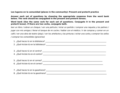 Los lugares en la comunidad (Present and preterit practice)