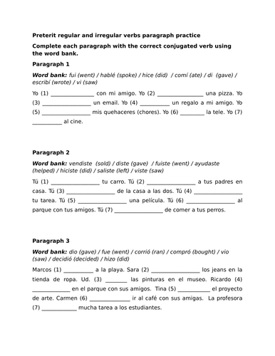 Preterit regular and irregular verbs paragraph practice