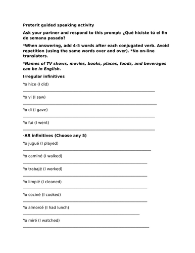 Preterit guided speaking activity