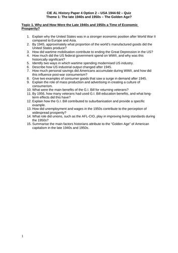 USA 1944-92 - CIE Paper 4 Option 2 Cambridge International AL History Knowledge Quiz