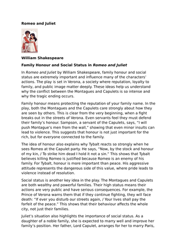 Romeo and Juliet – William Shakespeare - Family Honour and Social Status