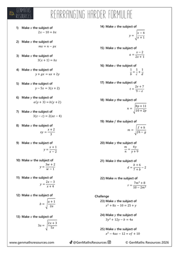 Rearranging Harder Formulae - Maths GCSE Higher Worksheet