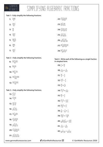 Simplifying Algebraic Fractions - Maths GCSE Higher Worksheet