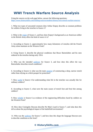 WWI Trench Warfare Source Analysis Worksheet