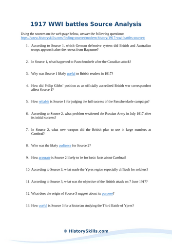 WWI 1917 Battles Source Analysis Worksheet