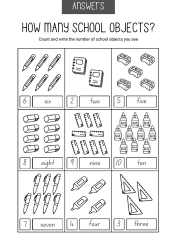 How Many School Objects? Count and Write Mastery