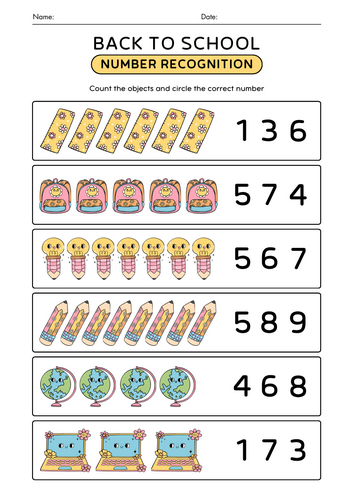 Numbers recognition and Counting Activity - Back to School Theme