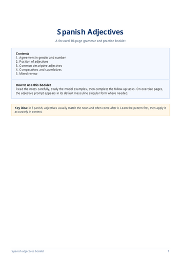 SPANISH ADJECTIVES  BOOKLET