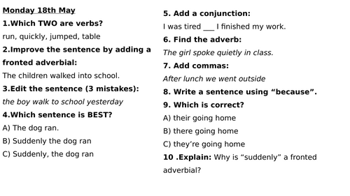 Year 4 morning work summer 1