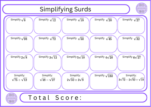 Simplifying Surds - 20 Questions