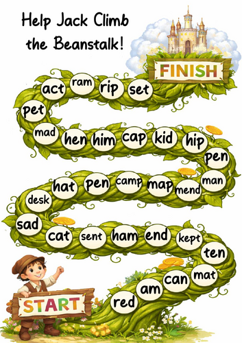 Jack and Beanstalk Roll and Read (satpin & ckehrmd CVC/CVCC words)