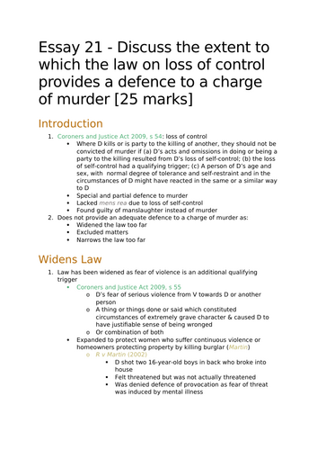 A-Level Law: 2020 Loss of Control Evaluation Plan + Model - Eduqas Criminal Law