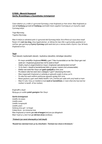 CBAC: TGAU CYMRAEG: nodiadau adolygu "O Ran" gan Mererid Hopwood