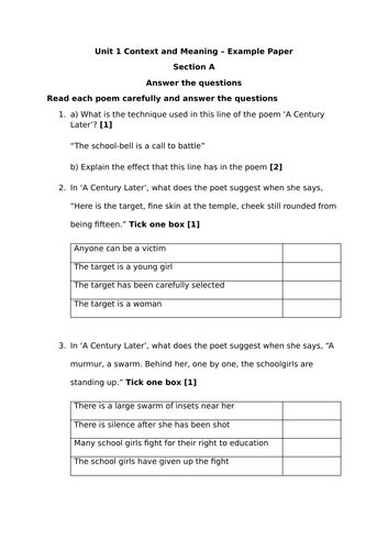 A Century Later WJEC English Unit 1 Mock