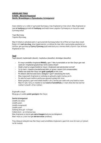 "O Ran" Mererid Hopwood. TGAU Cymraeg Llenyddiaeth