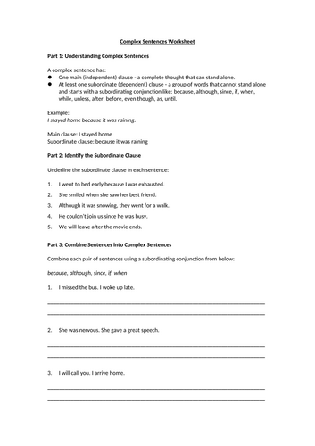 Complex Sentences Worksheet