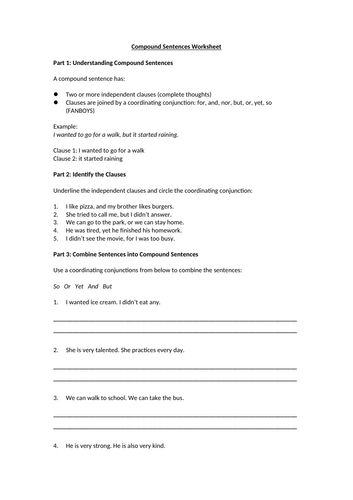 Compound Sentences Worksheet