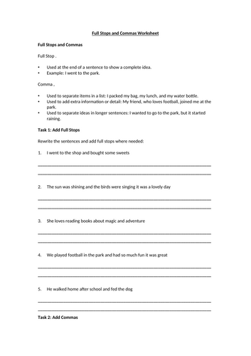 Full Stops and Commas Worksheet