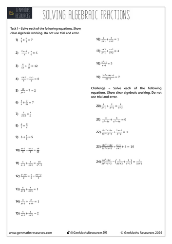 Solving Algebraic Fractions - Maths Higher GCSE Worksheet