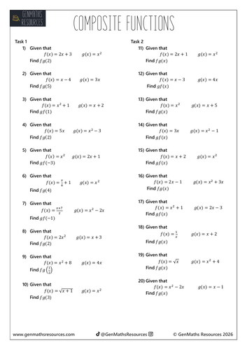 Composite Functions - Maths GCSE Higher Worksheet