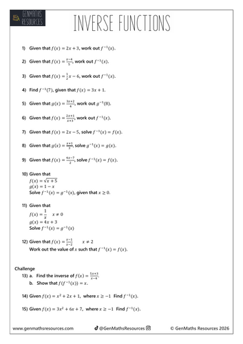 Inverse Functions - Maths Higher GCSE Worksheet