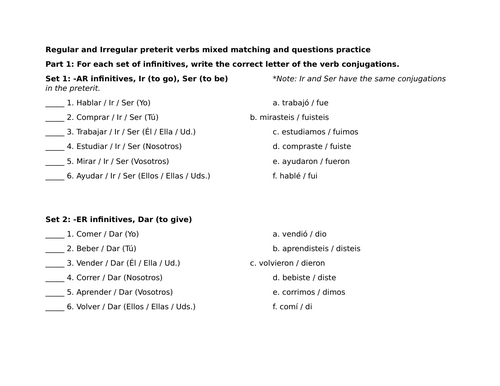 Regular and Irregular preterit verbs mixed matching and questions practice