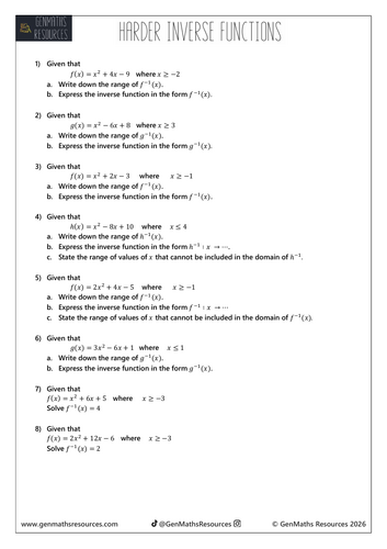 Harder Inverse Functions - Higher Maths GCSE Worksheet