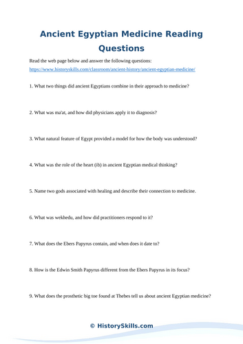 Ancient Egyptian Medicine Reading Comprehension Worksheet
