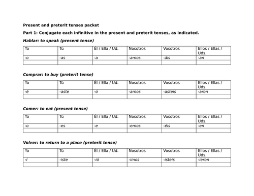 Present and preterit tenses packet (Spanish)