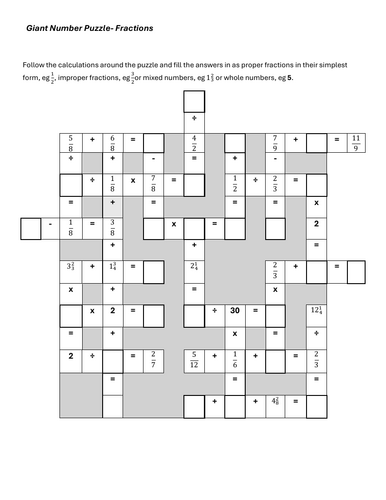 Fractions Crossword, Multiplication Spiral Puzzle
