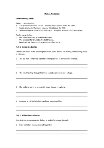 Dashes Worksheet