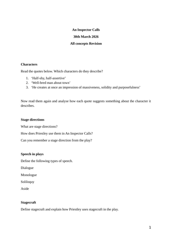 An Inspector Calls Revision Pack